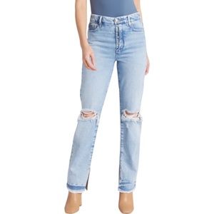 340 NWT Good American Good Boy Ripped High Waist Side Slit Raw Hem Jeans